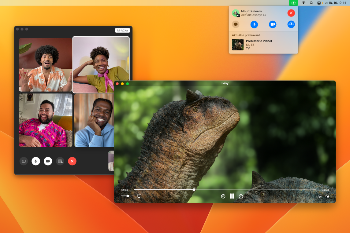 Zdieľaná sledovacia párty s epizódou seriálu Prehistorická planéta v okne apky Apple TV a s divákmi v okne apky FaceTime.