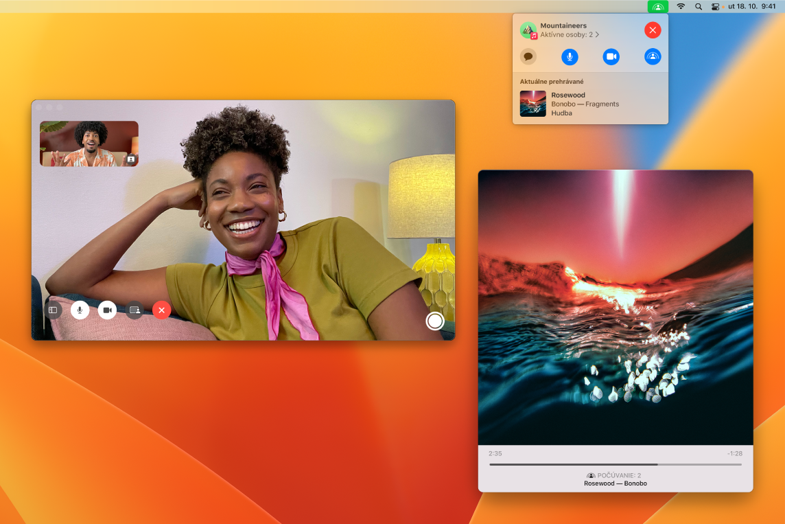 Zdieľané počúvanie s poslucháčmi v okne FaceTimu a okno apky Hudba prehrávajúce skladbu.