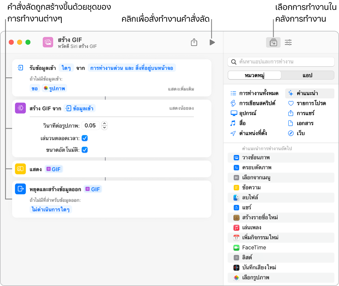 หน้าต่างแก้ไขคำสั่งลัดสร้าง GIF ทางด้านซ้ายและคลังการทำงานทางด้านขวา