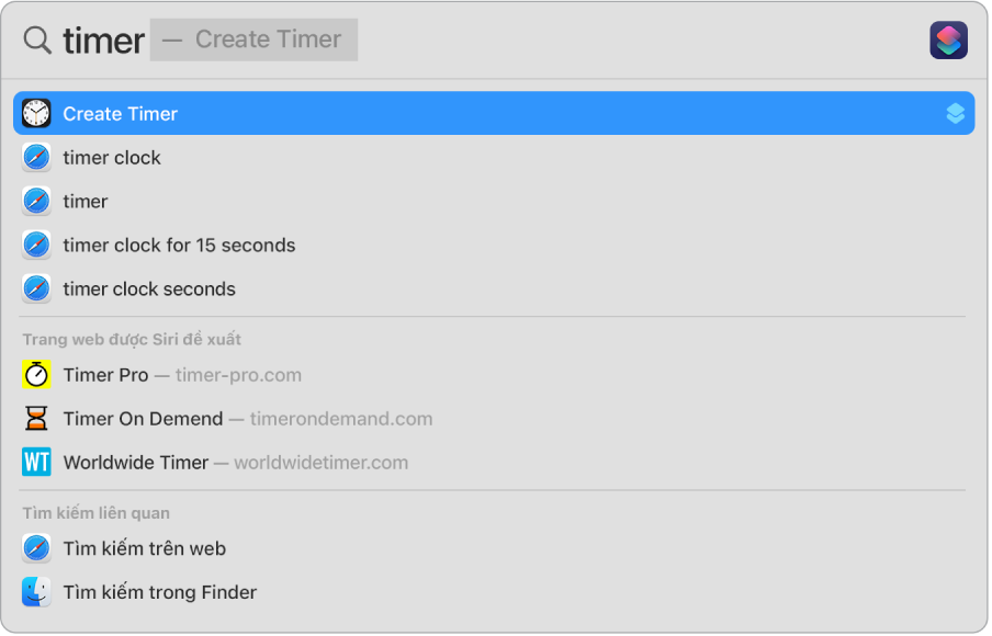 Một tìm kiếm Spotlight cho “hẹn giờ”, đang hiển thị các kết quả để sử dụng tác vụ nhanh để Tạo hẹn giờ.