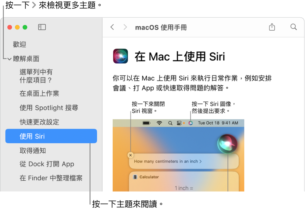 「輔助說明檢視程式」顯示如何檢視側邊欄列出的主題以及如何顯示主題的內容。