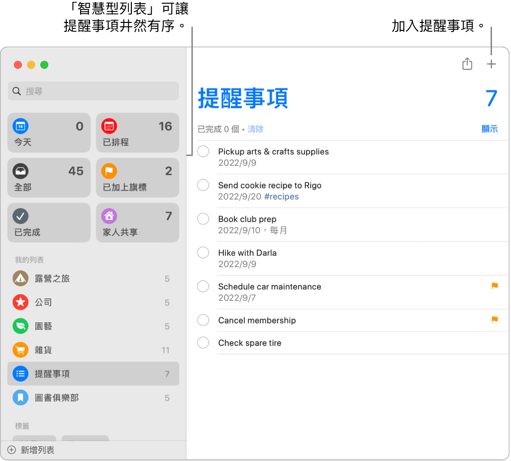 「提醒事項」視窗在左側顯示智慧型列表，而下方為其他提醒事項和列表。指標在提醒事項中。「智慧型列表」和「新增提醒事項」按鈕的說明框。