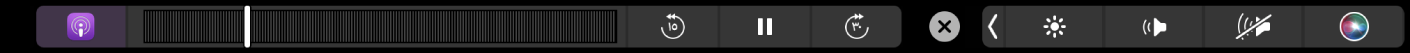 الـ Touch Bar الخاص بتطبيق البودكاست أثناء تشغيل بودكاست.