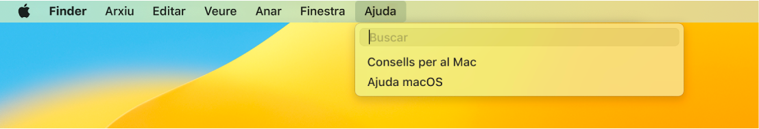 Una vista parcial de l’escriptori amb el menú Ajuda obert mostrant les opcions de menú Buscar i “Ajuda macOS”.