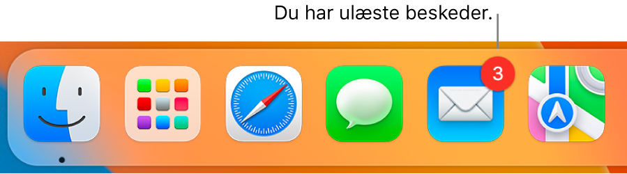 En del af Dock, der viser symbolet for appen Mail med et etiket, som viser antallet af ulæste beskeder.