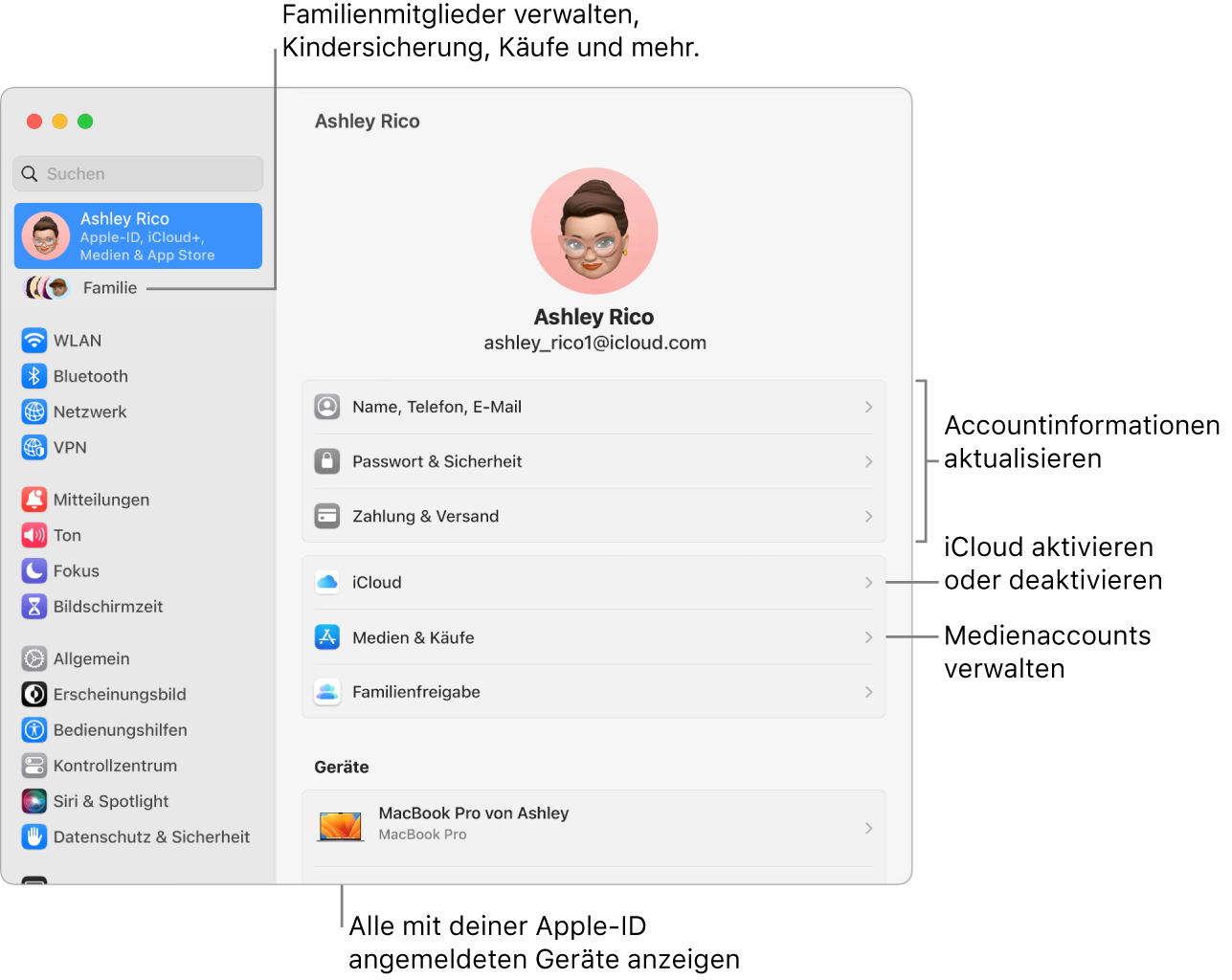 Apple-ID-Einstellungen in den Systemeinstellungen mit Beschriftungen zum Aktualisieren der Accountinformationen, Ein- bzw. Ausschalten von iCloud-Funktionen, Verwalten von Medienaccounts und für die Funktion „Familie“, um Familienmitglieder, Kindersicherung, Käufe und mehr zu verwalten.