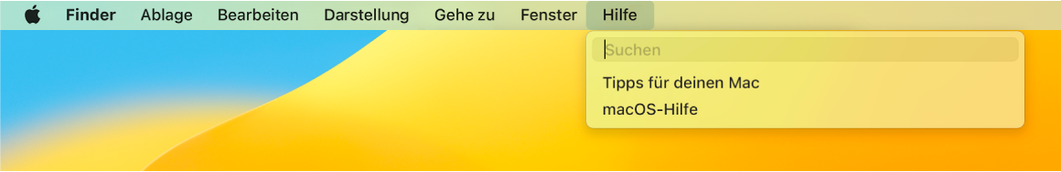 Ein Ausschnitt des Schreibtisch mit dem geöffneten Menü „Hilfe“, in dem die Menüoptionen „Suchen“ und „macOS-Hilfe“ zu sehen sind.