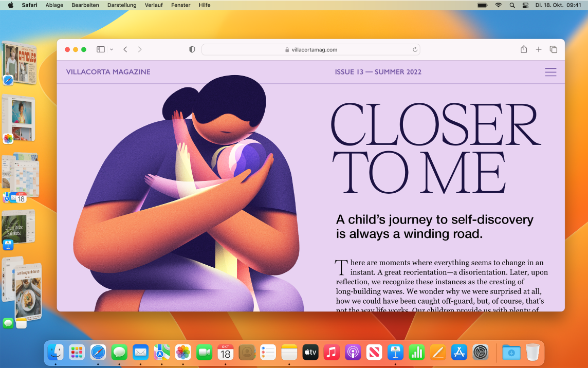 Ein Bildschirm mit Safari in der Mitte und anderen geöffneten Apps entlang der linken Seite mithilfe von Stage Manager.