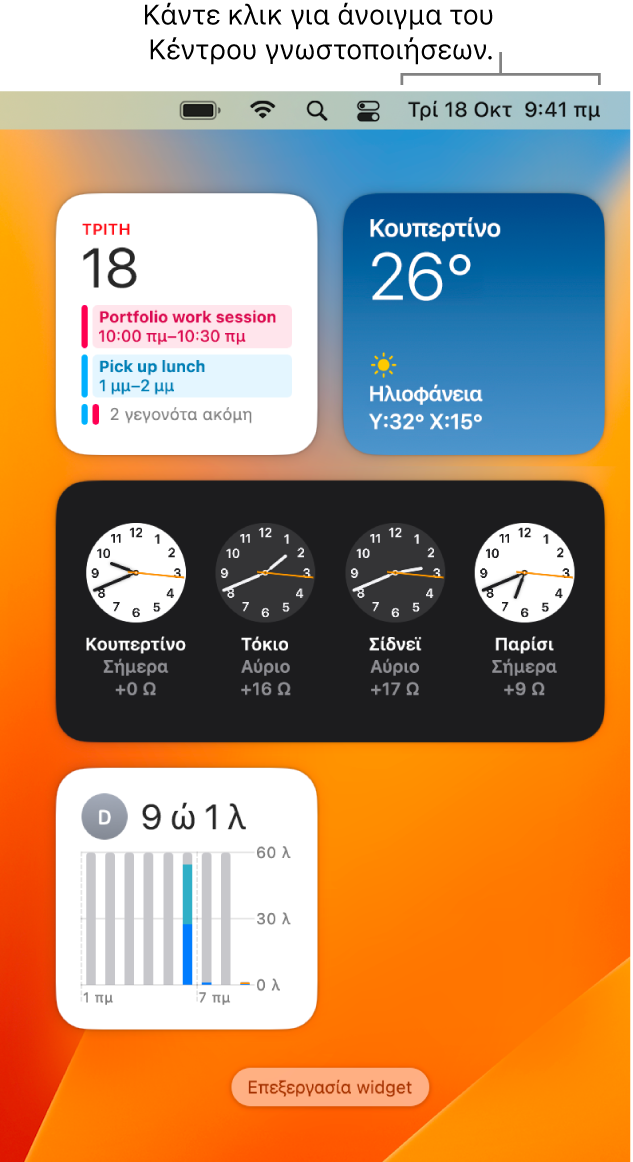 Το Κέντρο γνωστοποιήσεων με γνωστοποιήσεις και widget για τις Φωτογραφίες, την Οικία, το Ημερολόγιο και τον Χρόνο επί οθόνης.