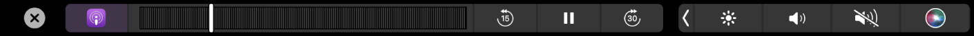 Το Touch Bar για το Podcasts κατά την αναπαραγωγή ενός podcast.