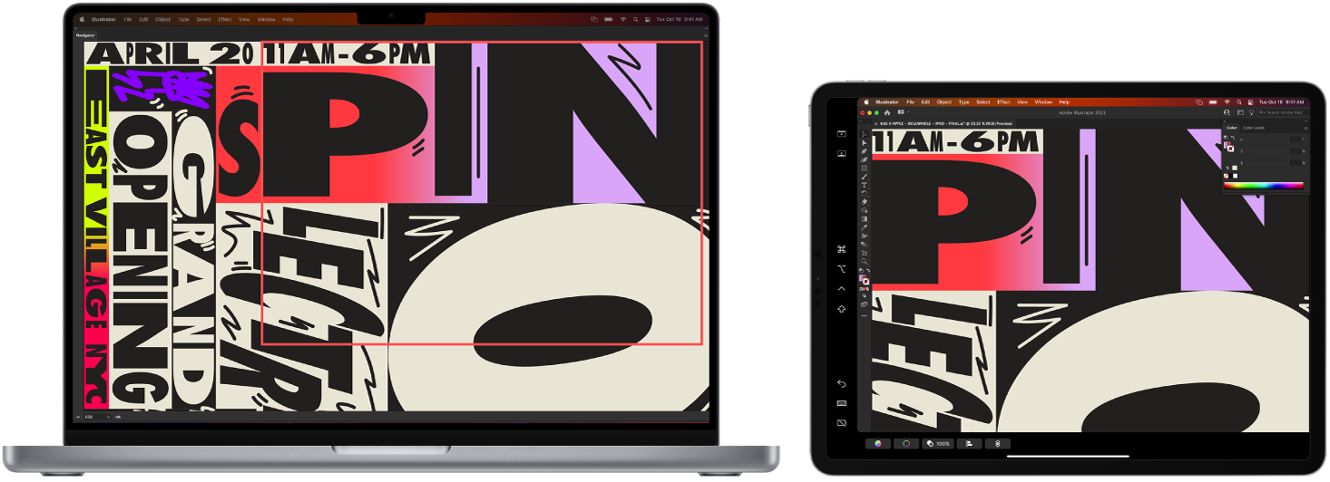 A MacBook Pro and an iPad sit side by side. The MacBook Pro shows art within the navigator window of Illustrator. The iPad shows the same art in the document window of Illustrator, surrounded by toolbars.