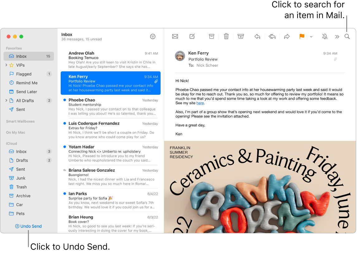 A Mail window showing the sidebar on the left with Favorites, Smart Mailboxes, and iCloud folders, the list of messages next to the sidebar, and the contents of the selected message on the right.