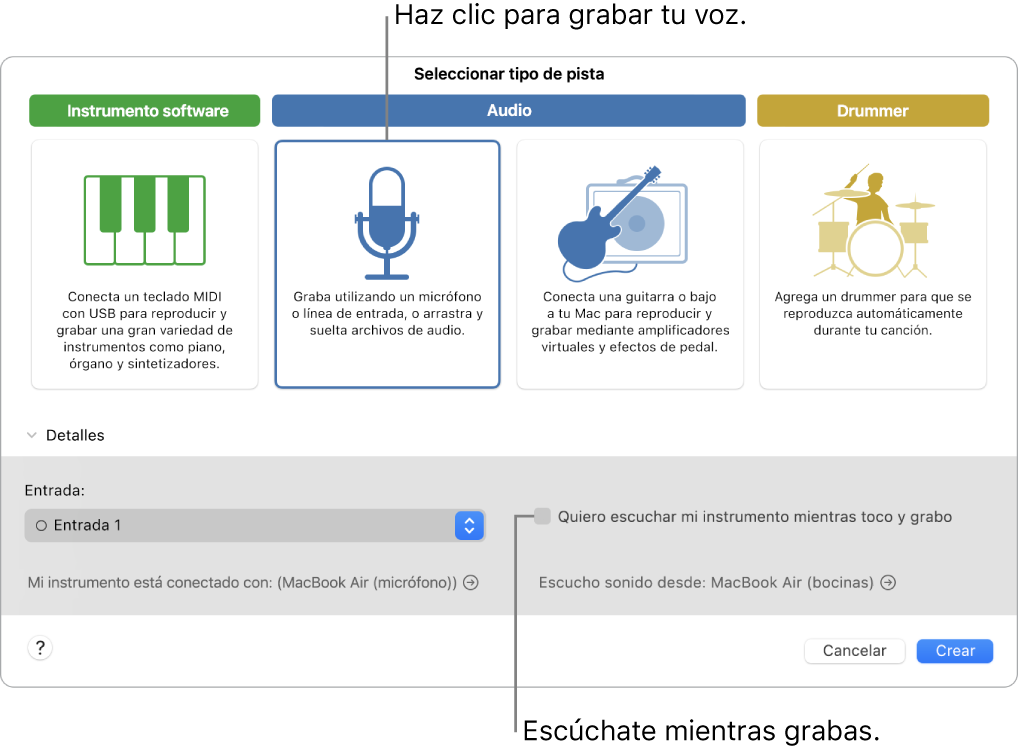 Panel de instrumentos de GarageBand mostrando dónde hacer clic para grabar voz y cómo escucharte a ti mismo mientras grabas.