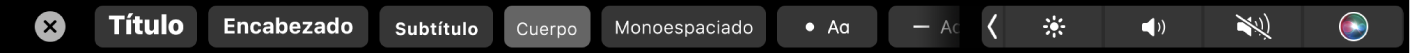 Touch Bar de Notas con botones para elegir estilos de párrafo incluyendo Título, Encabezado y Cuerpo, y también botones para agregar opciones de lista incluyendo viñetas, guiones y números.