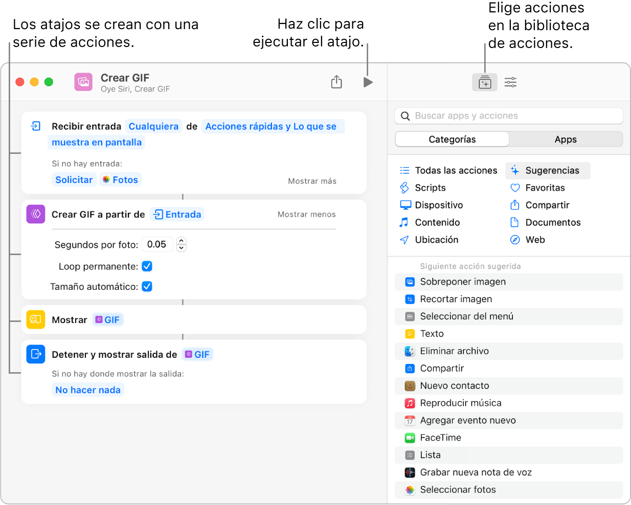 El editor de atajos Crear GIF en la parte izquierda y la biblioteca de acciones en la derecha.