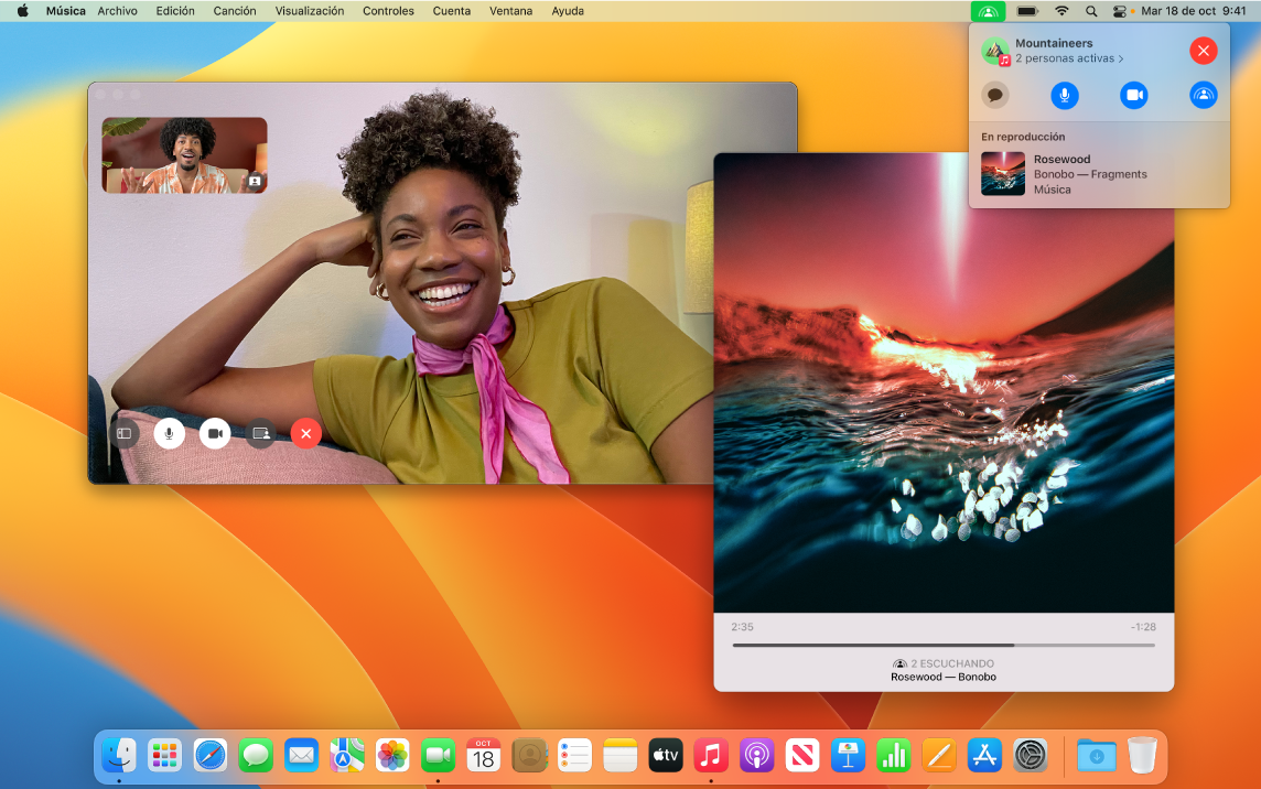 Una experiencia de escucha compartida con quienes participan en la ventana de FaceTime y una ventana de la app Música reproduciendo una canción.