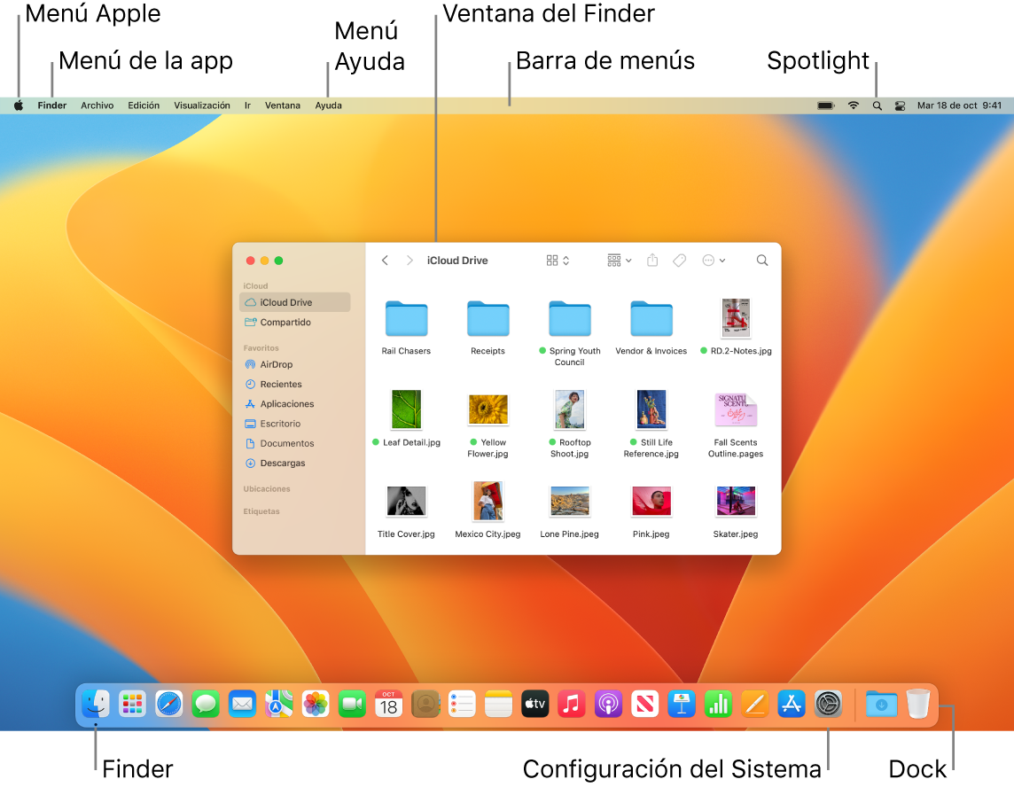 La pantalla de una Mac mostrando el menú Apple, el menú App, el menú Ayuda, una ventana del Finder, la barra de menús, el ícono de Spotlight, el ícono del Finder, el ícono de Configuración del Sistema y el Dock.