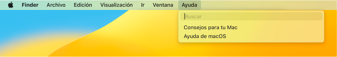 Parte de un escritorio con el menú Ayuda abierto, mostrando las opciones del menú Buscar y Ayuda de macOS.