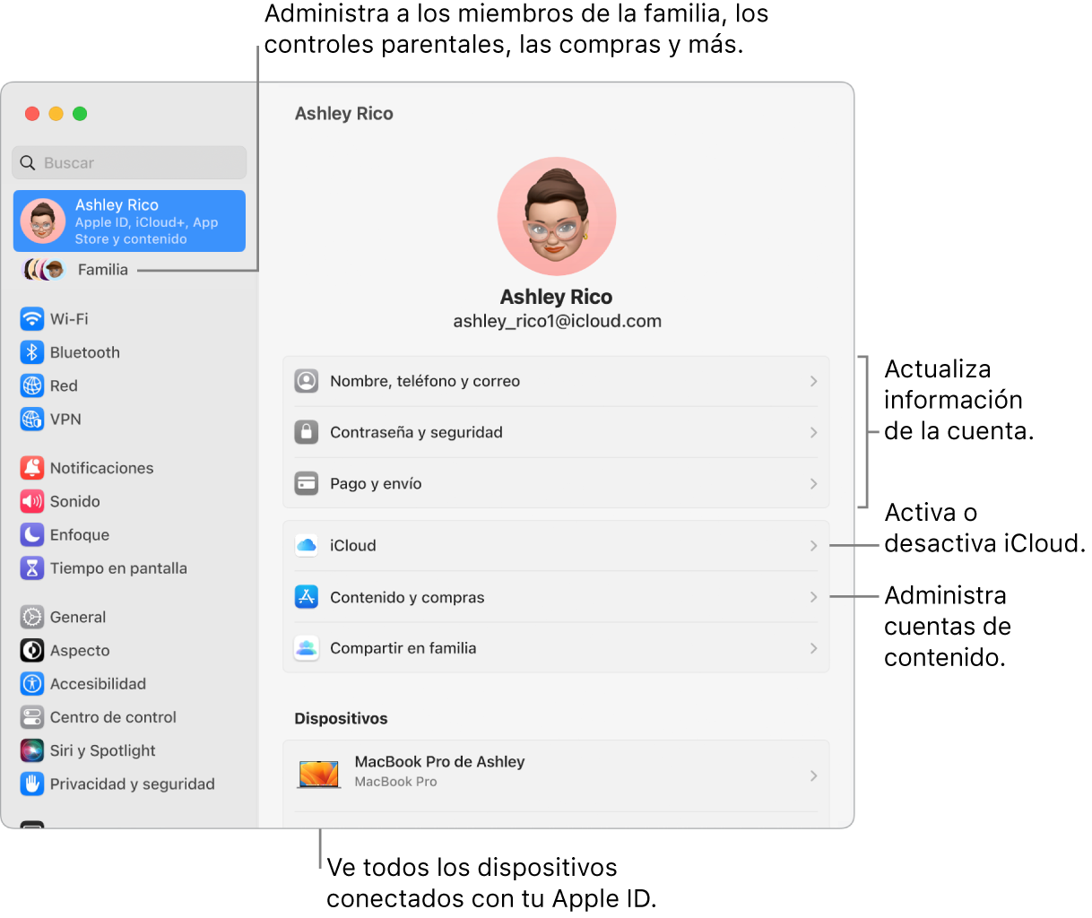 La configuración de Apple ID en Configuración del Sistema con textos para actualizar la información de la cuenta, activar o desactivar funciones de iCloud, administrar cuentas de contenido, y Familia, donde puedes administrar familiares, controles parentales, compras y más.