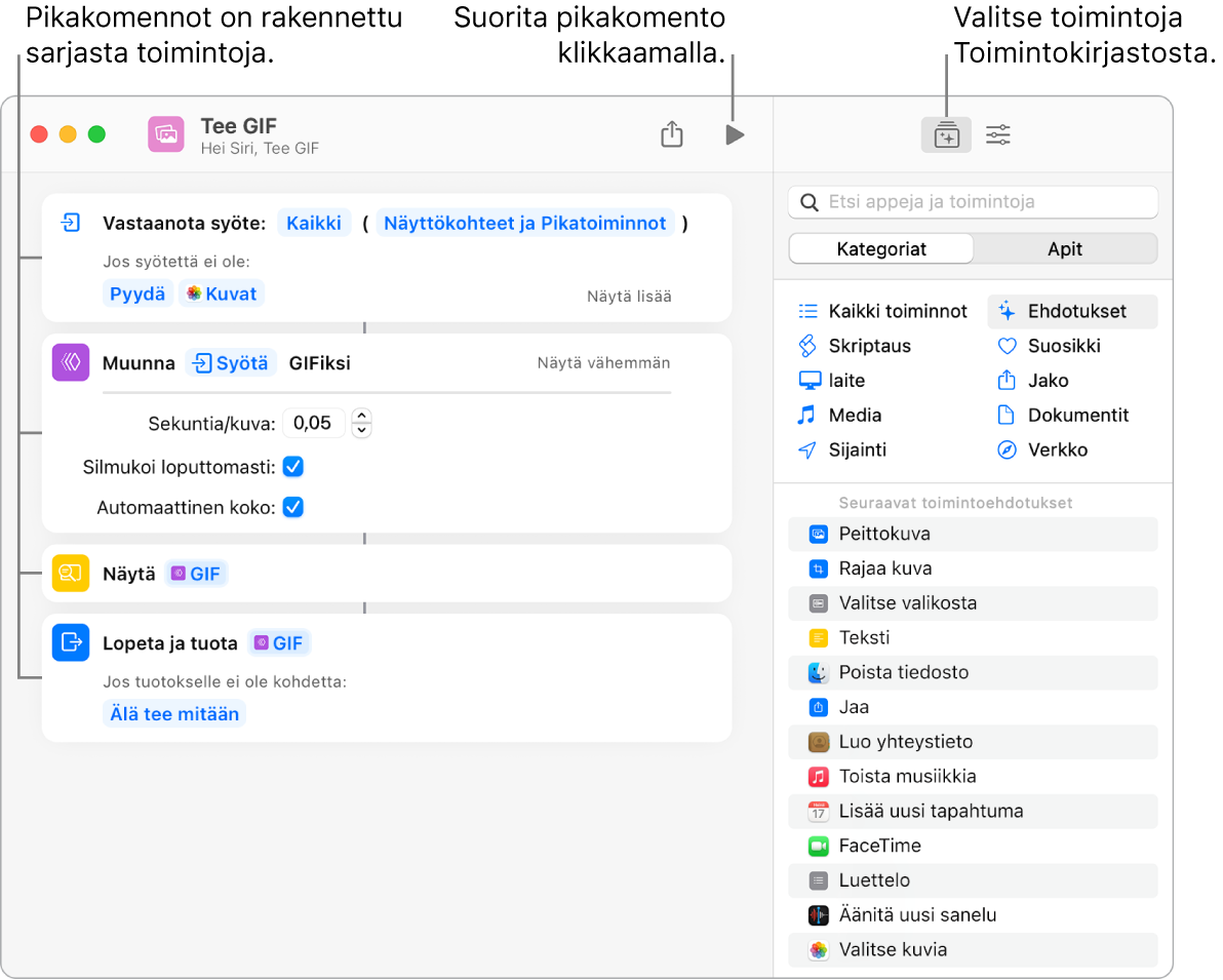 Tee GIF -pikakomentoeditori näkyy vasemmalla ja toimintokirjasto oikealla.