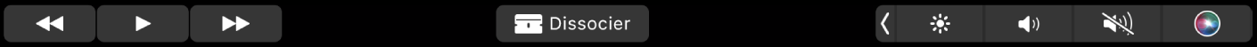 Touch Bar d’iMovie lorsqu’un plan est en cours de lecture. Il existe des boutons permettant de revenir en arrière, de lire, d’avancer, de scinder et d’ajuster le volume.