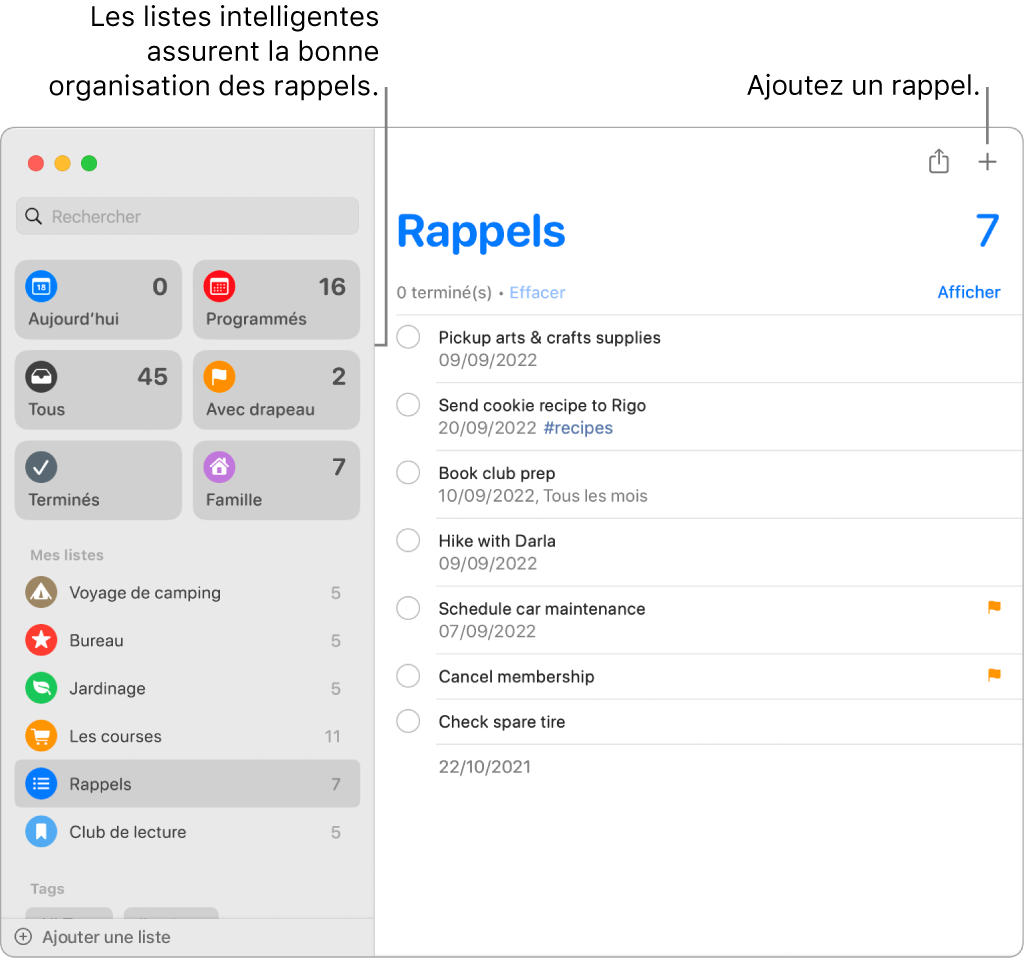 Fenêtre de Rappels avec des listes intelligentes sur la gauche, et d’autres rappels et listes en dessous. Le pointeur se trouve sur un rappel. Les listes intelligentes et le bouton « Ajouter un nouveau rappel » sont accompagnés de légendes.