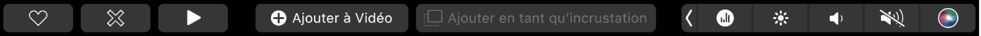 Touch Bar d’iMovie affichant des boutons pour lire, ajouter à un film, et ajouter en tant qu’incrustation vidéo.