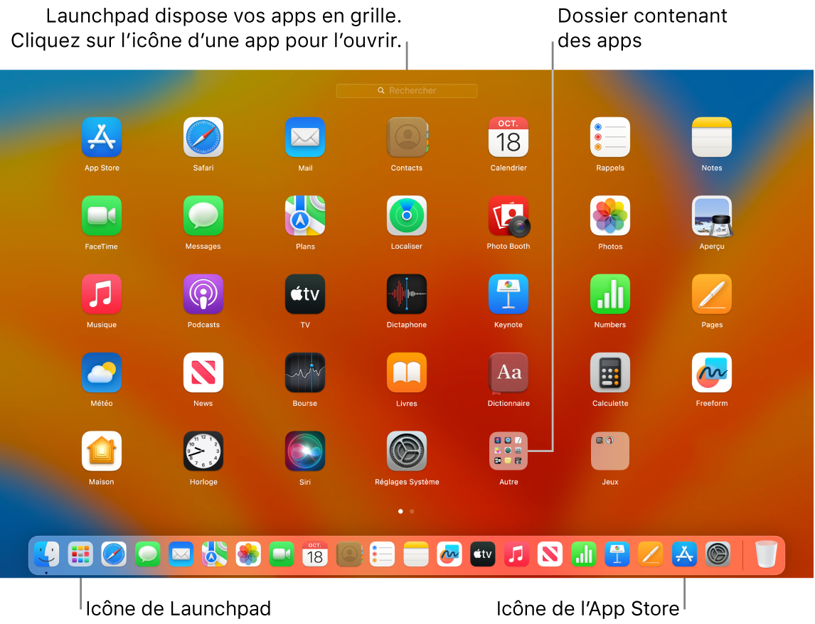 L’écran du Mac avec Launchpad ouvert, affichant un dossier d’apps dans Launchpad, et les icônes Launchpad et App Store dans le Dock.