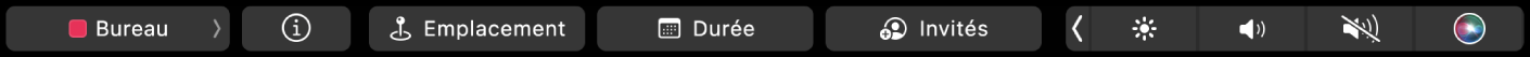 Touch Bar de Calendrier avec des boutons pour choisir des calendriers, voir les détails de l’événement, modifier l’heure ou le lieu et ajouter des invités.