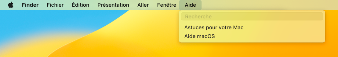 Un bureau partiel avec un menu Aide ouvert, affichant les options de menu Recherche et Aide macOS.