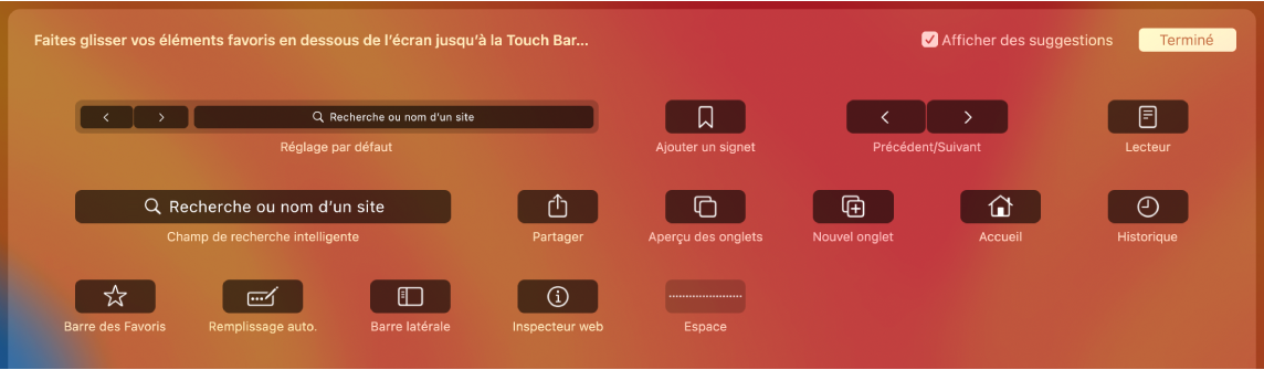 Options Personnaliser Safari pouvant être glissées dans la Touch Bar.