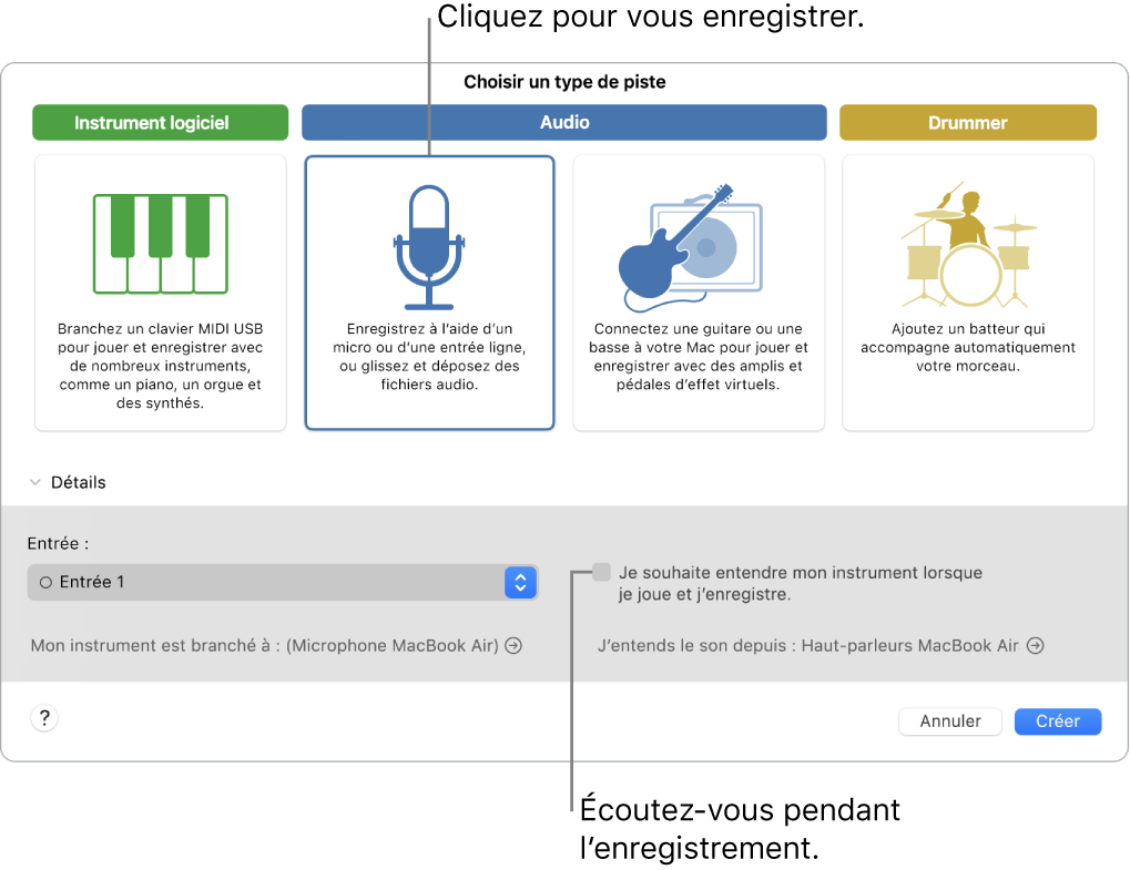 Sous-fenêtre des instruments de GarageBand indiquant où cliquer pour enregistrer la voix et s’écouter au moment de l’enregistrement.