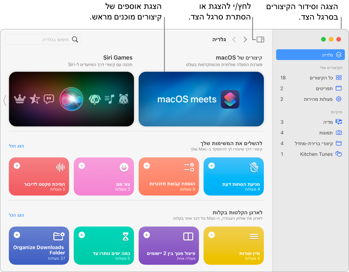 חלון “קיצורים” עם סרגל הצד פתוח מימין ועם הגלריה משמאל. סרגל הצד והחצים לניווט ממוקמים מימין למעלה מעל לגלריה ושדה החיפוש ממוקם משמאל למעלה.