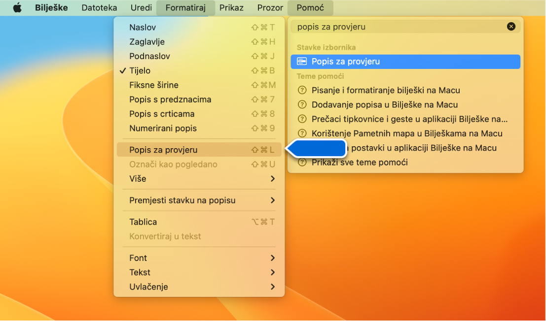 Izbornik Pomoć s prikazom rezultata pretraživanja za “popis” s naredbom Popis s predznacima istaknutom u popisu rezultata i u izborniku Format.