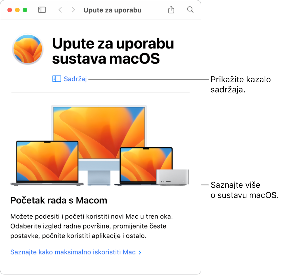 Stranica dobrodošlice za Upute za uporabu za macOS koja prikazuje link za Sadržaj.