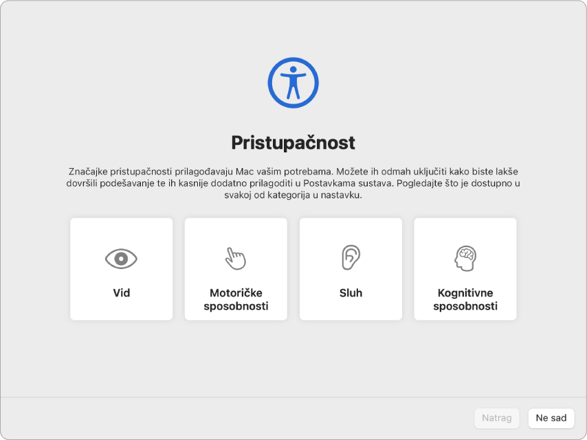 Zaslon računala Mac s prikazanim opcijama Pristupačnosti u Asistentu za podešavanje.