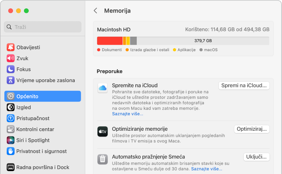 Postavke Preporuka za pohranu prikazuju opcije Spremi na iCloud, Optimiziraj memoriju i Automatski obriši Smeće.