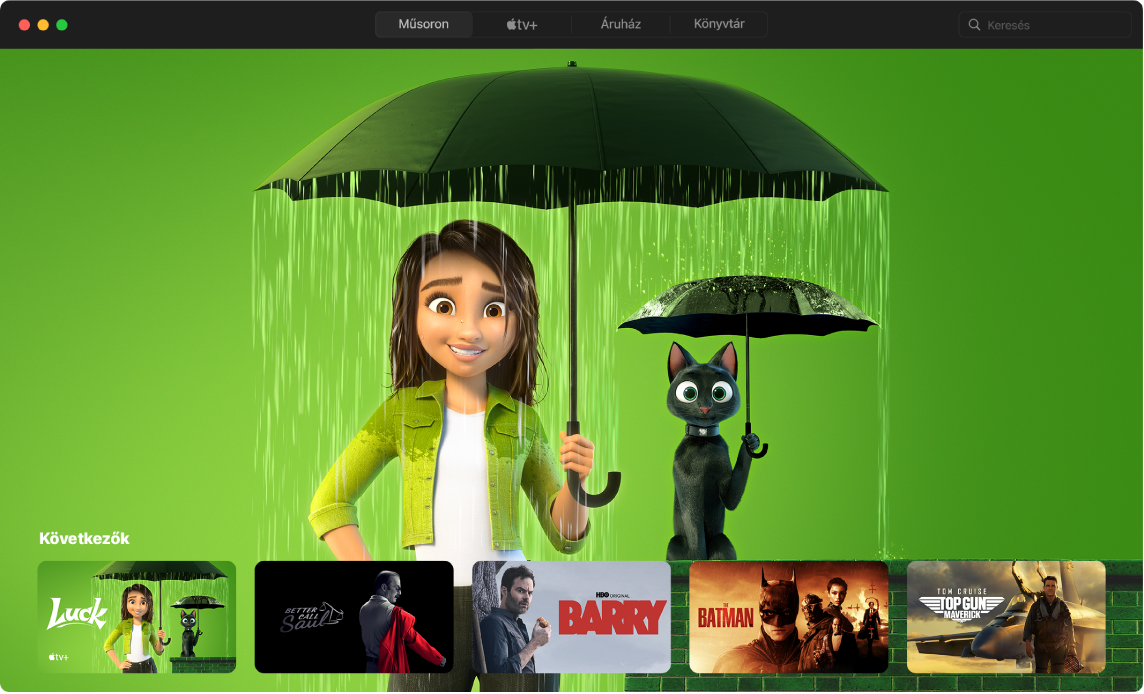 Az Apple TV alkalmazás egy ablakában a Műsoron nézet látható.