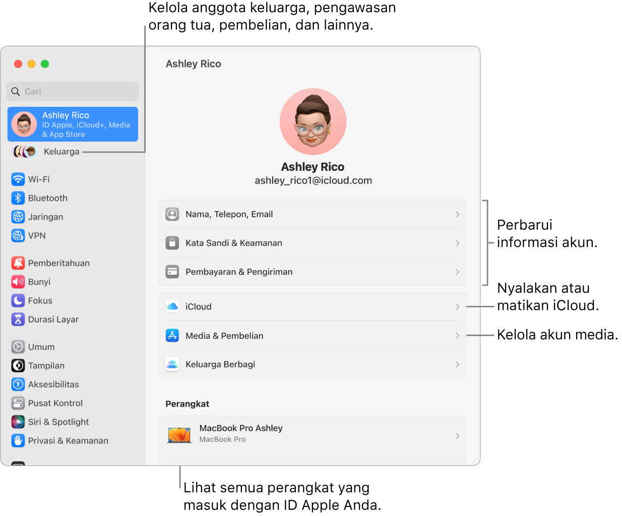 Pengaturan ID Apple di Pengaturan Sistem dengan keterangan untuk memperbarui informasi akun, menyalakan atau mematikan fitur iCloud, mengelola akun media, dan Keluarga, tempat Anda dapat mengelola anggota keluarga, pengawasan orang tua, pembelian, dan lainnya.