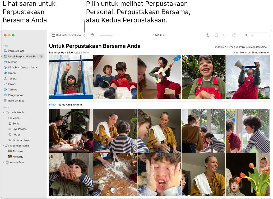 Jendela Foto menampilkan Perpustakaan Foto Bersama iCloud.