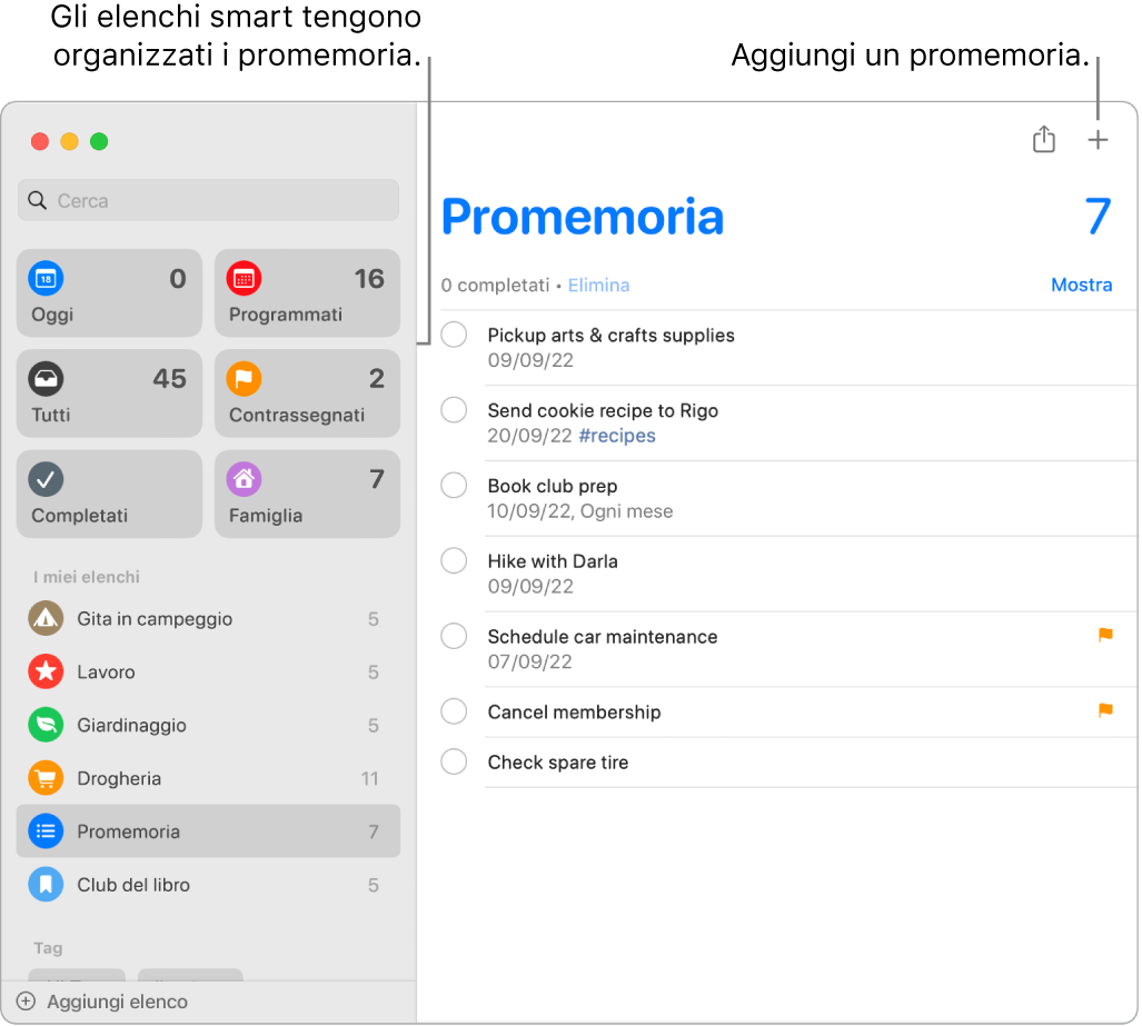 Una finestra di Promemoria con elenchi smart a sinistra e altri promemoria ed elenchi al di sotto. Il puntatore si trova in un promemoria. Sono presenti didascalie per gli elenchi smart e per il pulsante “Aggiungi nuovo promemoria”.