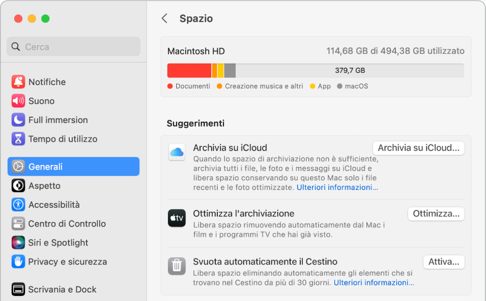 Le impostazioni Consigli per l'archiviazione che mostrano le opzioni “Archivia su iCloud”, “Ottimizza archivio” e “Svuota automaticamente il Cestino”.