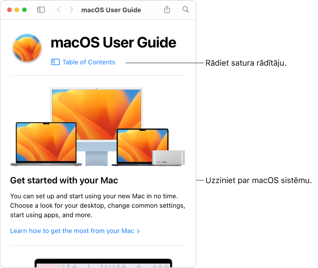 macOS lietošanas pamācības sākuma lapa ar saiti uz satura rādītāju.