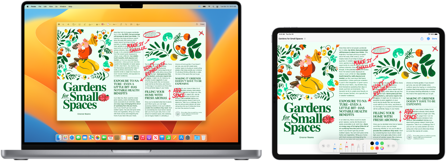 Blakus novietoti MacBook Pro dators un iPad ierīce. Abos ekrānos redzams raksts ar dažādiem ar roku veiktiem labojumiem, piemēram, izsvītrotiem teikumiem, bultiņām un pievienotiem vārdiem. iPad ierīces ekrāna apakšā ir arī joslas Markup vadīklas.