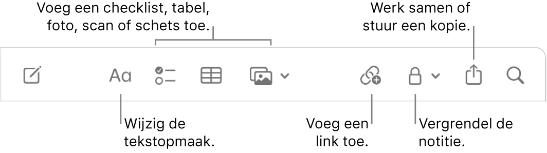 De knoppenbalk in Notities met bijschriften voor de knoppen voor tekstopmaak, checklists, tabellen, links, foto's/media, vergrendelen, delen en versturen van een kopie.