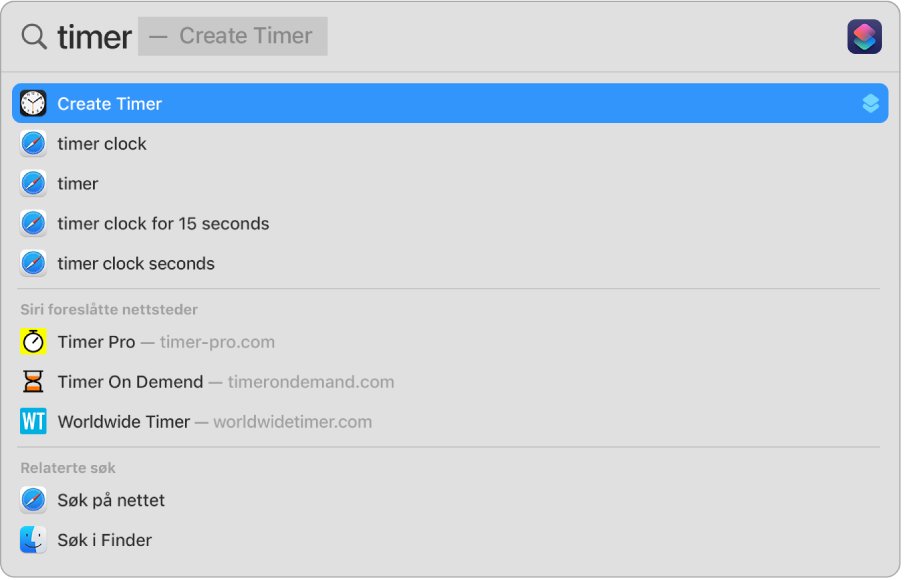 Et Spotlight-søk for «nedtelling», som viser resultater for å bruke hurtighandlingen for å starte en tidtaker.