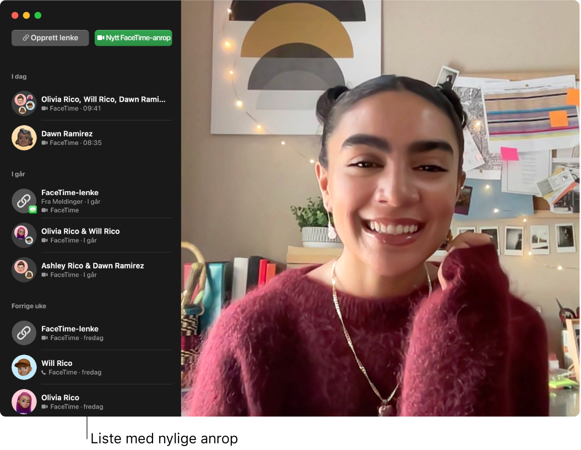 Et FaceTime-vindu som viser knapper du kan bruke til å opprette en lenke til et FaceTime-anrop eller starte et nytt FaceTime-anrop, og en liste over nylige anrop.