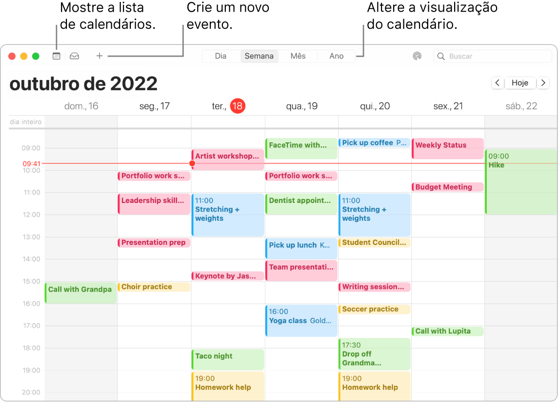 Uma janela do Calendário mostrando a lista de calendários, como criar um evento e como escolher a visualização por Dia, Semana, Mês ou Ano.