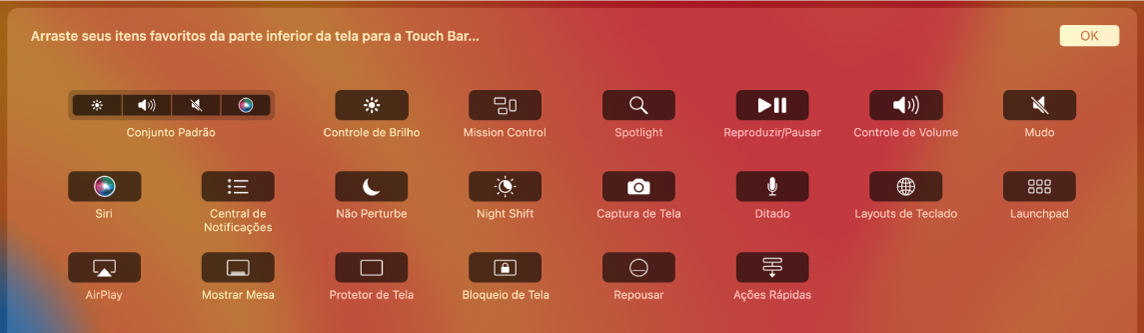 Os itens que você pode personalizar na Control Strip, arrastando-os para a Touch Bar.