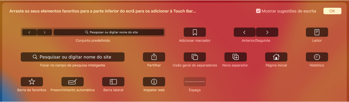 As opções de personalização do Safari, que podem ser arrastadas para a Touch Bar.